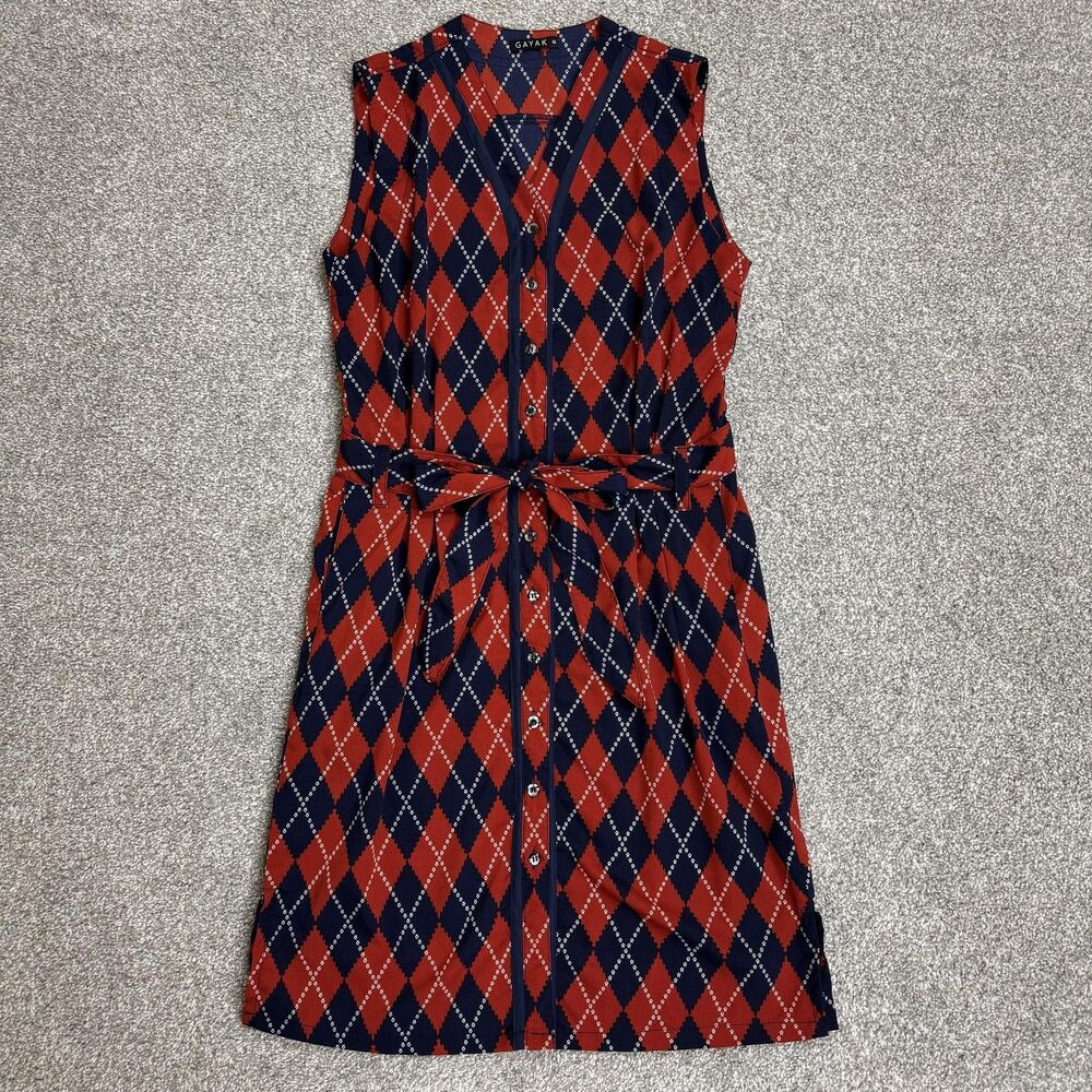 GAYAK Dress Womens Medium Red Argyle Sleeveless Button Front Shirt Belted V Neck